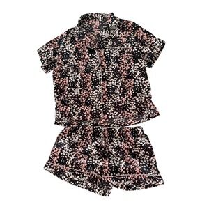 Victorias Secret Satin Pajama Set XL Black Pink Floral Short Sleeve Top Shorts